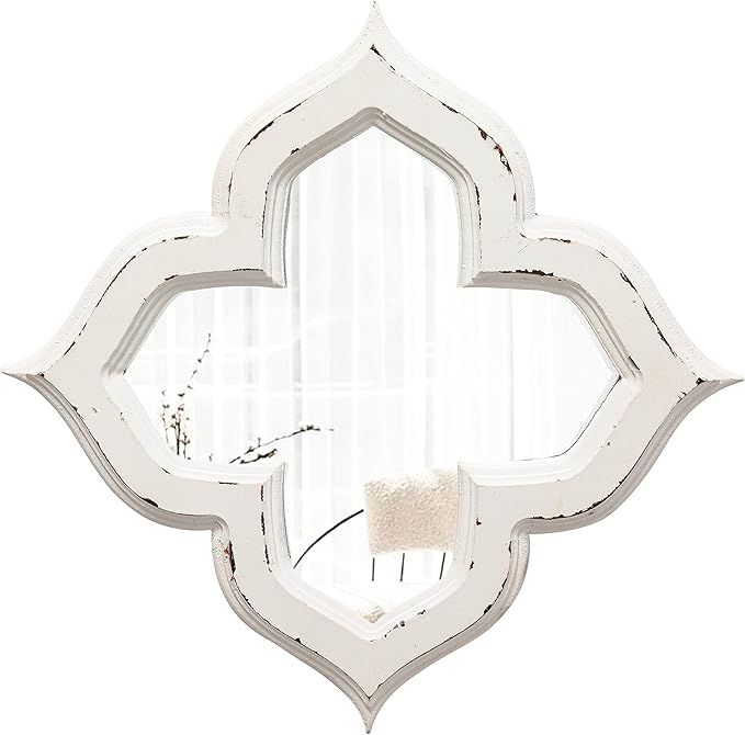 Hanging Antique Small Wall Mirrors Decorative 9.6 inch, Distressed White Sculpted Wood Mirror Farmhouse Home Decor, Shabby Chic Lucky Four-Leaf Clover Mirror Wall Decor for Living Room