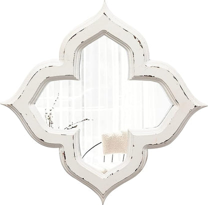Hanging Antique Small Wall Mirrors Decorative 9.6 inch, Distressed White Sculpted Wood Mirror Farmhouse Home Decor, Shabby Chic Lucky Four-Leaf Clover Mirror Wall Decor for Living Room