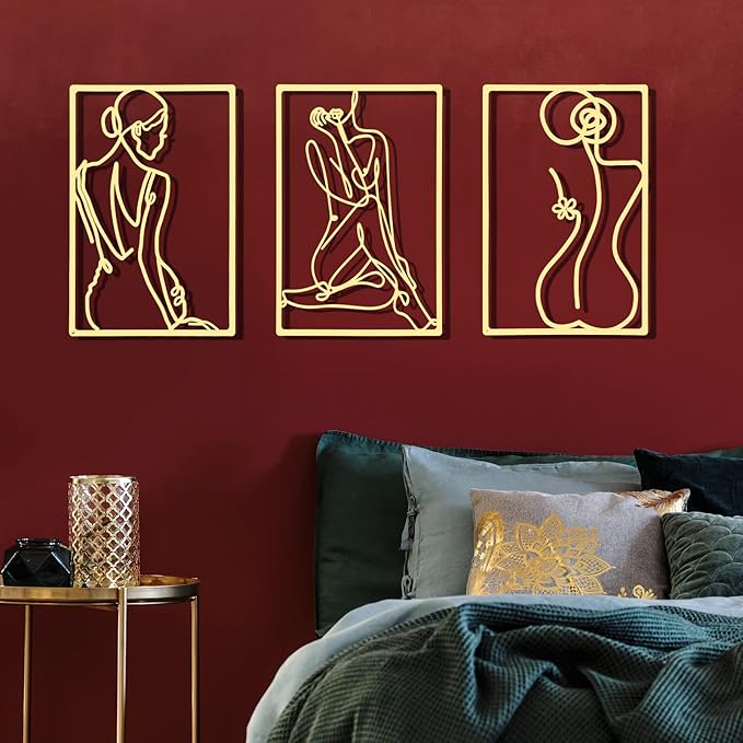Cindeer 6 Pcs Metal Wall Decor Metal Minimalist Abstract Woman Wall Art Modern Minimalist Decor Aesthetic Female Hanging Art Large Single Line Wall Sculpture for Home Bedroom Living Room (Gold)