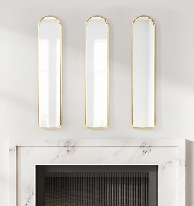 Kate and Laurel Caskill Slim Panel Wall Mirror; 8 x 38; Gold; Glam Tall Arch Mirror Wall Decor for Use as Skinny Entryway Mirror; Decorative Bedroom Mirror; or Cute Nursery Mirror