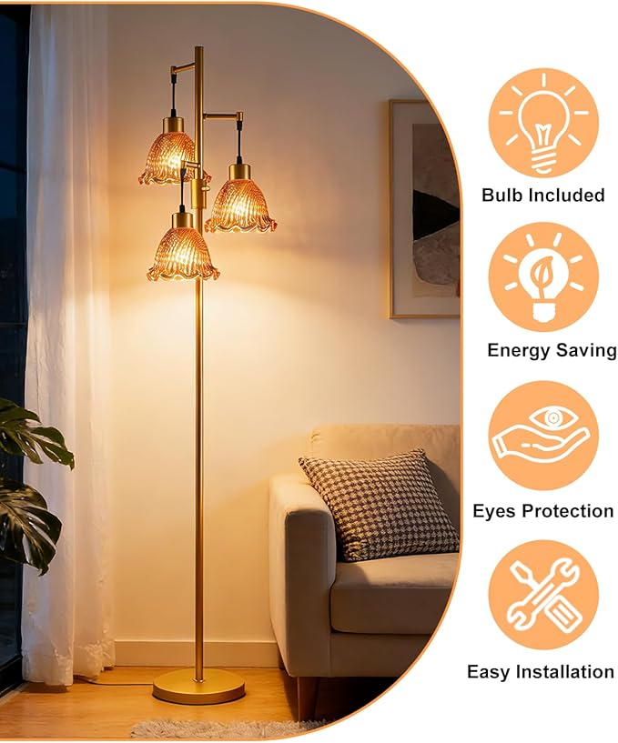 3-Light Modern Glass Floor Lamp, Gold Standing Tall Lamp with Deep Red Lily Glass Shade for Reading, Dimmable LED Floor Lamp with 5Lbs Heavy Base for Living Room Bedroom Home Decor, Bulb Included