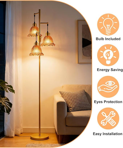 3-Light Modern Glass Floor Lamp, Gold Standing Tall Lamp with Deep Red Lily Glass Shade for Reading, Dimmable LED Floor Lamp with 5Lbs Heavy Base for Living Room Bedroom Home Decor, Bulb Included