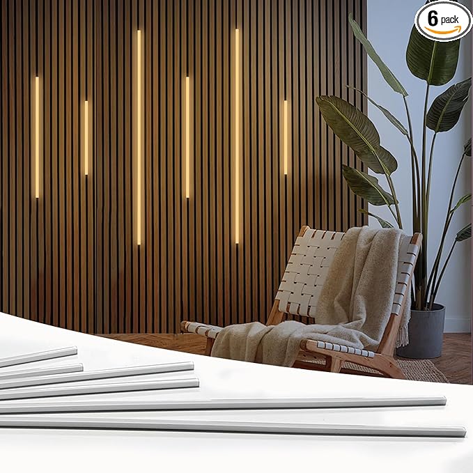 HAMRVL LED Recessed Lighting, Dimmable Self-Adhesive LED Strip Lights for Wood Slat Wall Panels, 6 PCS Warm White 3000k Wall Panel Lights, Wall LED Lights for Acoustic Panels,Headboard,Stair,Cabinets