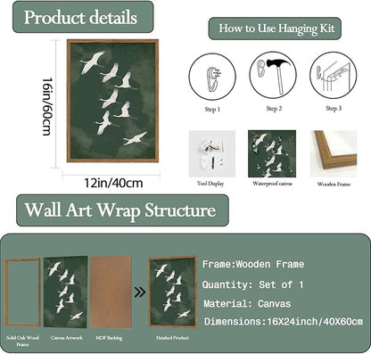 Framed Japanese Flying Cranes Wall Art, Vintage Bird Pictures Wall Decor Paintings, Rustic Nature Animal Canvas Prints Minimalist Home Decor for Living Room Bedroom Office Zen 12x16 inch