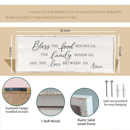 Bless the Food Before Us Wall Decor Sign 32" X 12" Dining Room Wall Decor Framed Wood for Large Farmhouse Vintage Prayer Catholic Kitchen Wall Hanging Scripture Bible Verse Art (White)