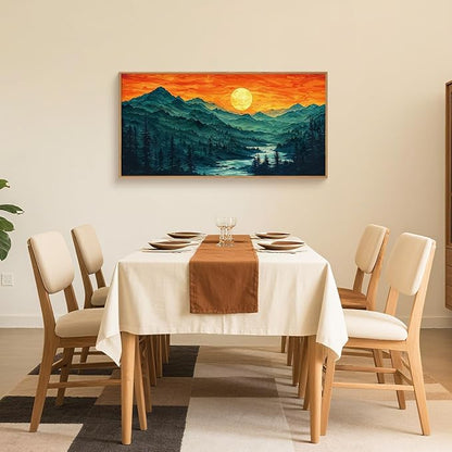 Woodland Mountain Framed Canvas Wall Art Set, Abstract Ridge Wall Painting, Boho Sunset Scenery Wall Decor, Modern Natural Landscape Art Print for Living Room, Bedroom, Office - 20"x40"