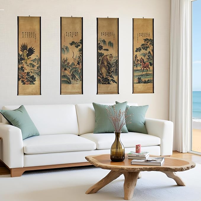 CIFIBIFUN Wall Asia Art Prints Posters Painting Eagle Crane Waterfall,4 Panels Paper Scroll,Home Walls Decor for Living Room Bedroom (Japan Painting)