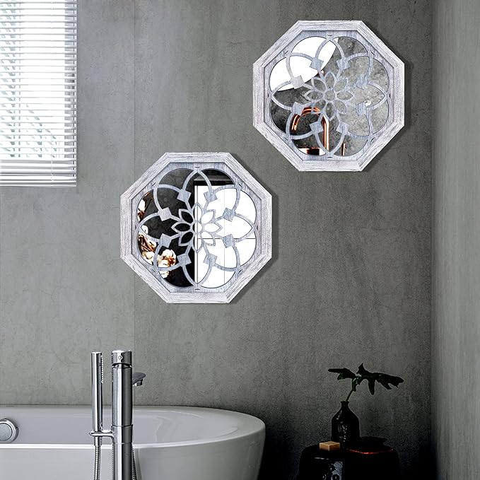 ZOLAPI 2 PCS Octagon Wall-Mounted Mirrors,Vintage Farmhouse Mirror for Wall Decor,Rustic White Color Decorative Accent Mirror for Foyer, Bathroom, Bedroom. (12”x12”)