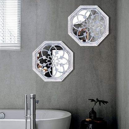 ZOLAPI 2 PCS Octagon Wall-Mounted Mirrors,Vintage Farmhouse Mirror for Wall Decor,Rustic White Color Decorative Accent Mirror for Foyer, Bathroom, Bedroom. (12”x12”)