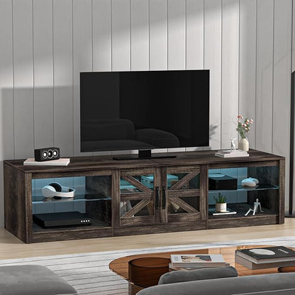 cdar TV Stands for Living Room, Farmhouse Entertainment Center, Television Stand with LED Light, 78" Wood Sliding Barn Door Media TV Console Table with Storage Shelf for Living Room, Bedroom ﻿ Gr
