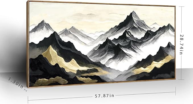 Extra Large Framed Natural Abstract Living Room Wall Art, Black White And Gold Mountain Canvas Wall Decor, Modern And Elegant Landscape Print Picture For Dining Rooms, Bedrooms, Lounges, Offices, And Hallways. 58X29 Inches.