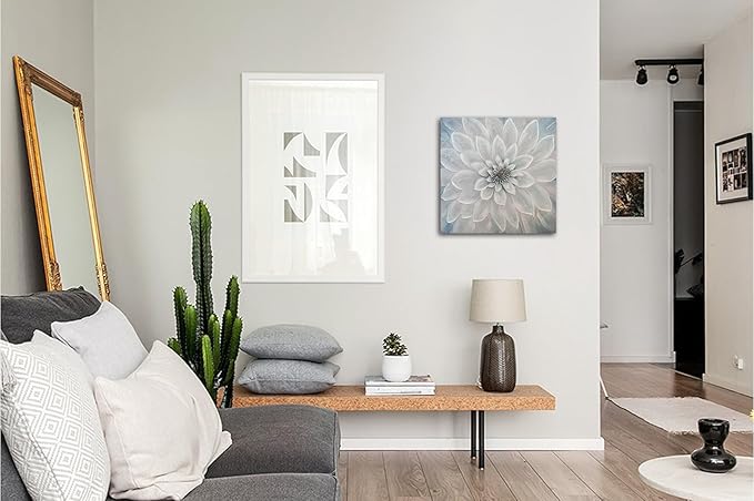 Waowumar Flowers Canvas Wall Art Blue and Gray Dahlia Pictures Contemporary Floral Textured Painting for Bedroom Living Room Decor