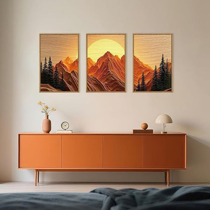 Large Mountain Framed Canvas Wall Art Set, Abstract Ridge Sun Painting, Boho Sunset Scenery Wall Decor,Modern Natural Landscape Art Print for Living Room,Bedroom,Office-24 x36 x3