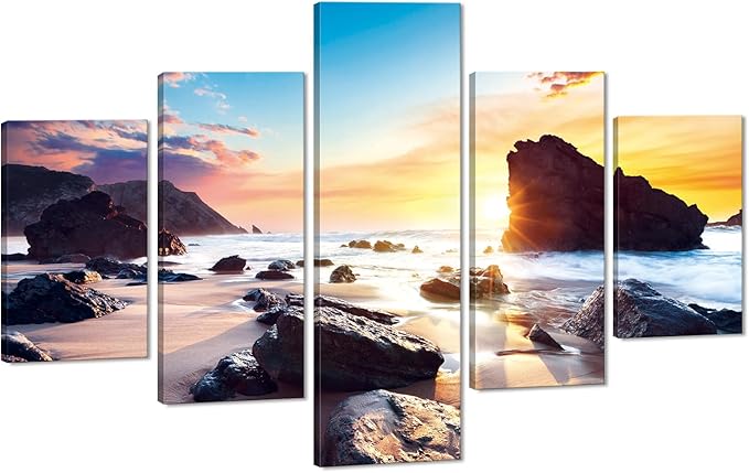 Sunset Beach Rocks Landscape Wall Art Set Sea Scene Picture Modern Painting on Canvas Framed Wall Artwork for Living Room Bedroom Kitchen Home Decor Giclee Print Ready to Hang-60''W x 40''H
