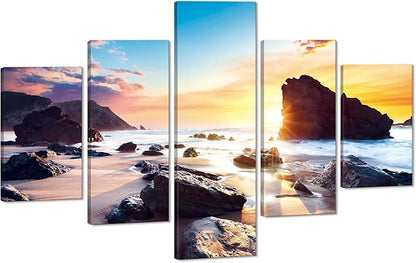 Sunset Beach Rocks Landscape Wall Art Set Sea Scene Picture Modern Painting on Canvas Framed Wall Artwork for Living Room Bedroom Kitchen Home Decor Giclee Print Ready to Hang-60''W x 40''H