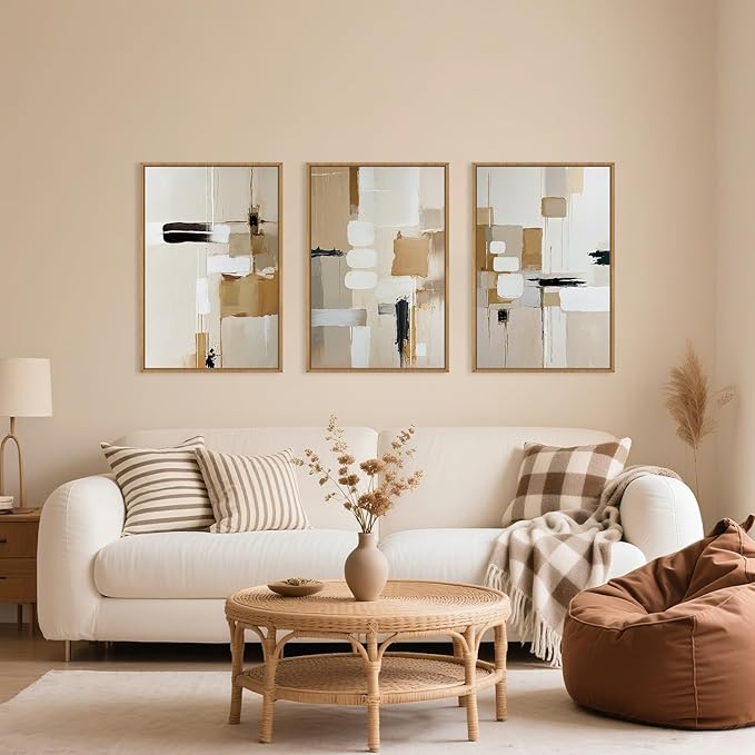 Large Abstract Beige Framed Canvas Wall Art Set, Neutral Textures Wall Decor, Warm Minimalist Shapes Wall Painting, Modern Neutral Art Prints for Living Room, Bedroom, Office - 24"X36"X3