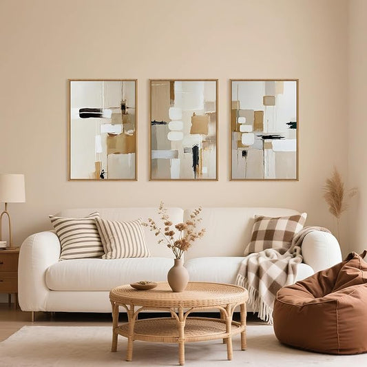 Large Abstract Beige Framed Canvas Wall Art Set, Neutral Textures Wall Decor, Warm Minimalist Shapes Wall Painting, Modern Neutral Art Prints for Living Room, Bedroom, Office - 24"X36"X3