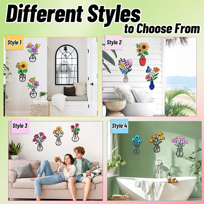 FaloStwer 3 Pieces Metal Vase Flowers Wall Arts Decor, Rustic Farmhouse Style Décor Metal Wall Decors Sculptures, Minimalist Flower Natural Themed Decorations for Home Bedroom Dining Room Housewarming Gifts(Colorful-D)