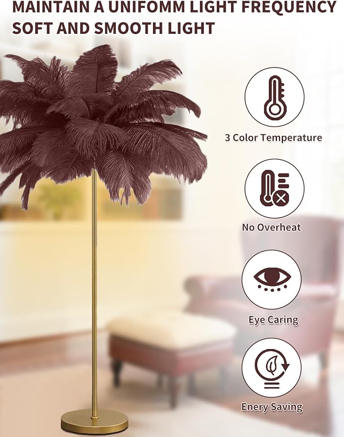 Feather Floor Lamp,Fluffy Ostrich Feather Floor Lamp for Bedroom,3 Color Temperatures Led Corner Modern Floor Lamps for Living Room Christmas Home Decor House Warming Gifts,63″ Height (Coffee)