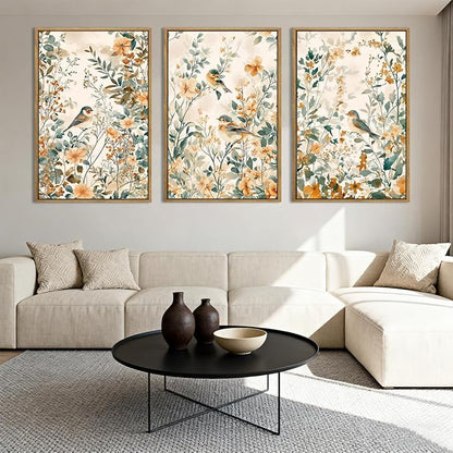 ANHUIB Large Neutral Floral Wall Art 16x24 Inch Beige Botanical Wall Decor Bird Painting Set of 3 for Living Room Bedroom Barhroom