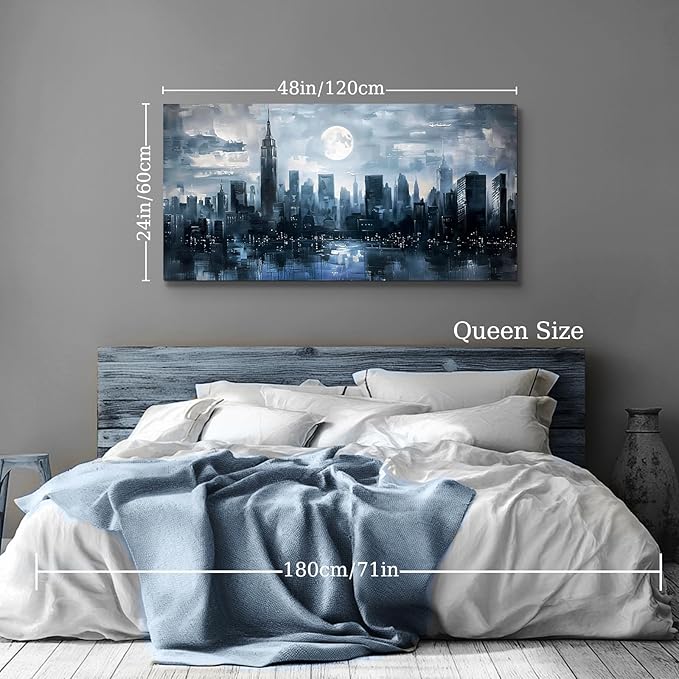 SERIMINO New York Skyline Wall Art, Urban Landscape Abstract Large Wall Decor, City Moon Night Landscape Artwork for Walls, Modern Aesthetic House Decorations Living Room Bedroom Office 24X48 Inch