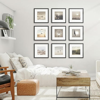 12x12 Picture Frame Sef of 10, Display Pictures 8x8 with Mat or 12 x 12 Without Mat, Photo Frame Collage for Wall Gallery Decor, Wall Mounted, Black