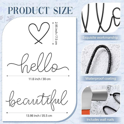 Hicarer Metal Hello Gorgeous Wall Art Minimalist Decor for Bedroom Bathroom Living Room Dressing Room Salon Office Home Decorations Easy to Install Wall Decor(Black,Lovely Style)