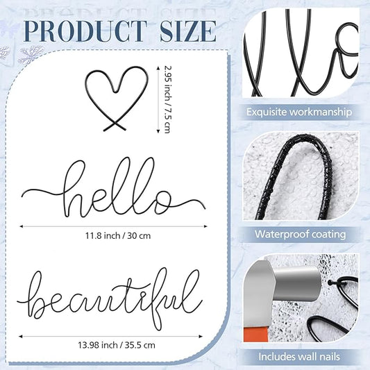 Hicarer Metal Hello Gorgeous Wall Art Minimalist Decor for Bedroom Bathroom Living Room Dressing Room Salon Office Home Decorations Easy to Install Wall Decor(Black,Lovely Style)