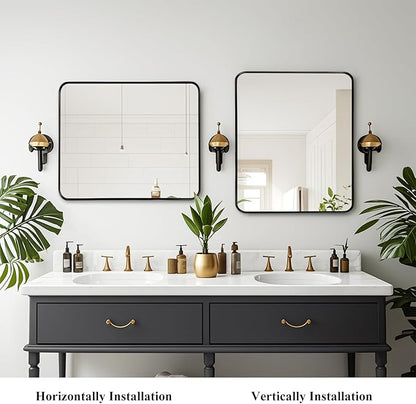 Fabuday Black Bathroom Vanity Mirror - 28x32 Inch Wall Mounted Mirror for Over Sink, Matte Metal Framed Mirrors, Rounded Rectangle Design, Horizontal or Vertical Hanging