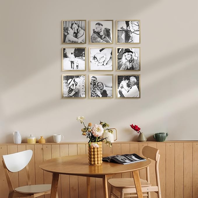 ArtbyHannah Photo Collage Frames for Wall, 8x8 Inch Square Picture Frame for Living Room or Staircase Decoration (Gold, 9 Pack)