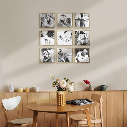 ArtbyHannah Photo Collage Frames for Wall, 8x8 Inch Square Picture Frame for Living Room or Staircase Decoration (Gold, 9 Pack)