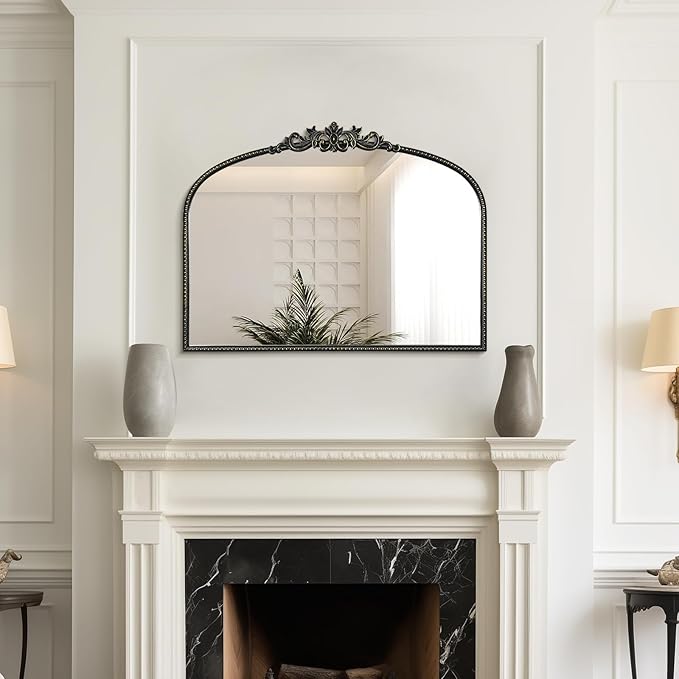 WallBeyond Black Vintage Mirror for Vanity 32x24 Inch, Black Antique Mirror with Ornate Frame, Arched Vintage Wall for Bathroom, Living Room, Fireplace, Entryway