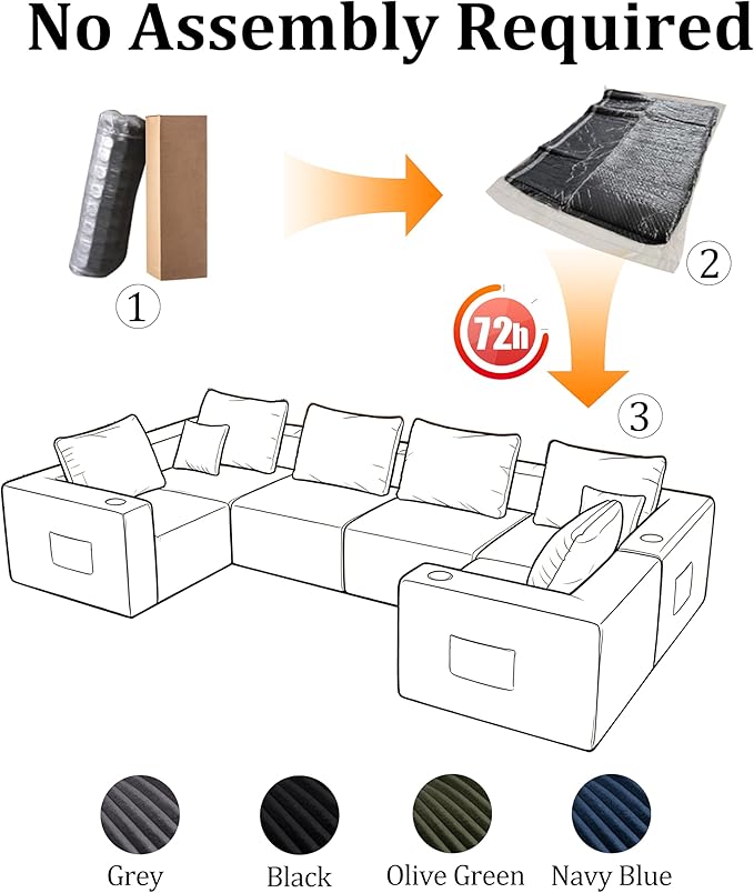 137'' U-Shaped Cloud Modular Sectional Sofa, Modern Corduroy Memory Foam Couch with Cup Holders, Upholstered Boneless Deep Seat Fluffy 6-Seater Sofa, No Assembly Needed, Olive Green, for Living Room