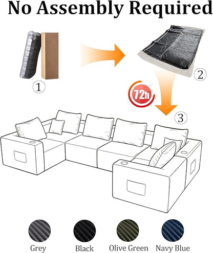 137'' U-Shaped Cloud Modular Sectional Sofa, Modern Corduroy Memory Foam Couch with Cup Holders, Upholstered Boneless Deep Seat Fluffy 6-Seater Sofa, No Assembly Needed, Olive Green, for Living Room