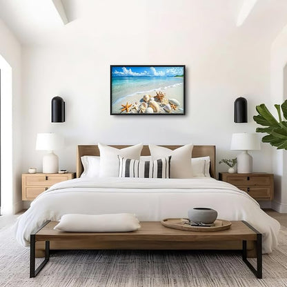 Ocean Large Wall Art for Living Room Beach Seashell Starfish Framed Canvas Decor Coastal Landscape Prints Painting Pictures Extra Large Seascape Artwork for Bedroom Home Decor Bathroom Kitchen 24"x36"