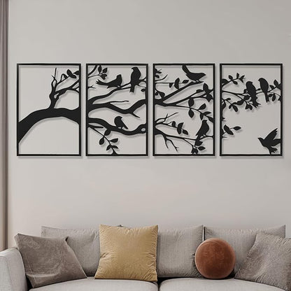 AMAATE Modern Abstract Wall Art Set, Black Metal Wall Decoration, 4-piece Hollow Iron Geometry Art for Living Room Home Decoration (Decorative Art, Tree of Life, 14.6" X 22.5" in)