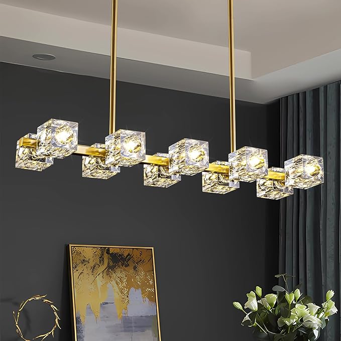 Modern Crystal Chandelier for Dining Room,Gold Pendant Lights Fixture with 10-Lights,Adjustable Height Hanging Ceiling Light for Kitchen Island,Bedroom,Over Table,Living Room