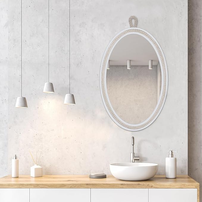 Oval Mirrors for Wall Decor Small White Nautical Rope Mirror Hanging Decorative Beach Coastal Mirror,24''Lx16''W,Oval