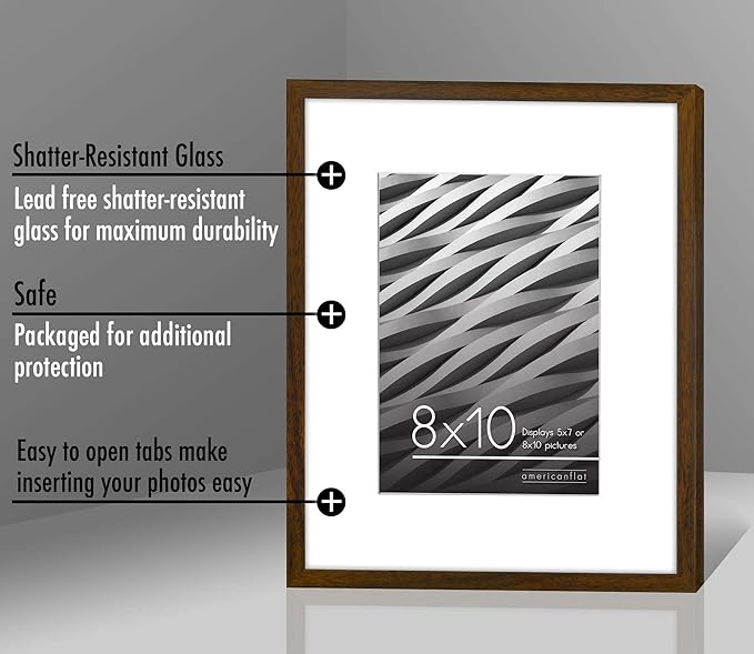 Americanflat 8x10 Picture Frame with Shatter-Resistant Glass - Use as 5x7 Frame with Mat or Display 8x10 Photo Without Mat - Streamline Collection - Picture Frames for Tabletop and Wall - Walnut