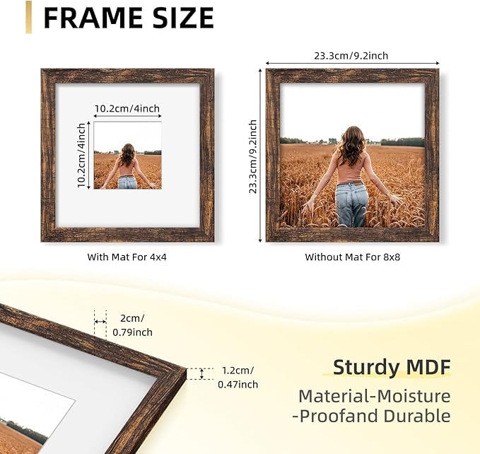 YESKAY 8x8 Picture Frame Set of 9, Photo Gallery Wall Frame Set, Display Pictures 4x4 with Mat or 8 x 8 Without Mat, Square Frame Picture Frames Collage Wall Decor, Rustic Brown