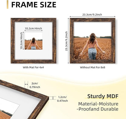 YESKAY 8x8 Picture Frame Set of 9, Photo Gallery Wall Frame Set, Display Pictures 4x4 with Mat or 8 x 8 Without Mat, Square Frame Picture Frames Collage Wall Decor, Rustic Brown