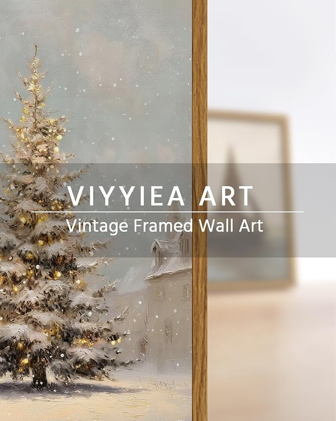 VIYYIEA Framed Canvas Christmas Tree Wall Art Pictures Home Decor Village Canvas Prints, Vintage Christmas Decorations Indoor Painting Picture, Wall Decor Gifts for Friends or Family - 16L x 12W
