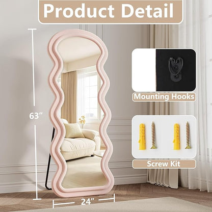 Wavy Full Length Mirror, 63"x24" Flannel Mirrors Full Length with Stand, Full Boby Mirrors for Bedroom, Living Room, Cloakroom, Hanging Leaning Wall Mirror, Pink