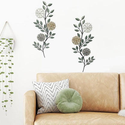 MorningRo 2 Pcs Metal Flower Leaves Wall Art Spring Wall Decor Living Room, 15.75 Inch Vintage Rustic Branch Leaf Wrought Iron Scroll Art Decor for Spring Bedroom Indoor Outdoor Decorations(Green)