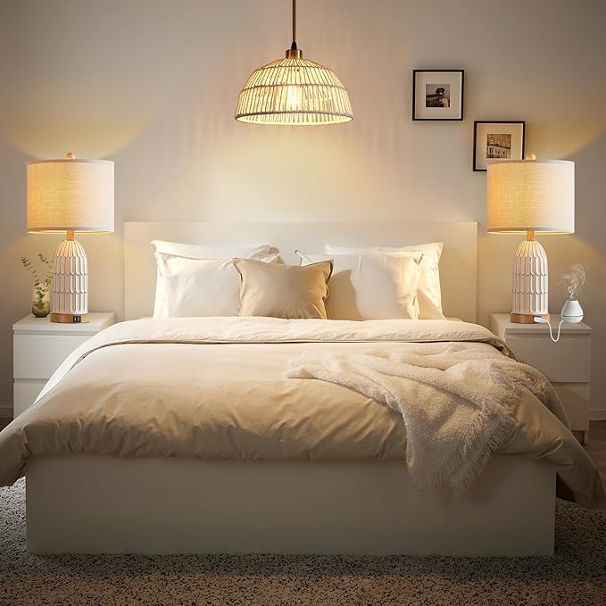 Cinkeda Boho Table Lamps Set of 2, Farmhouse 3-Way Dimmable Touch Nightstand Lamp with 2 USB Charging Ports, White Vintage Bedside Lamp for Bedroom Living Room End Table (Bulbs Included)