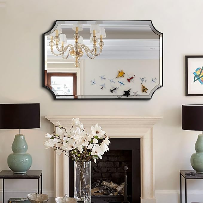 POZINO Rectangle Beveled Mirror, 24"x40" Modern Bathroom Vanity Mirror for Over Sink, Matte Black Rounded Corner Oblong Mirrors for Living Room Bedroom Entryway, Horizontal or Vertical Hanging