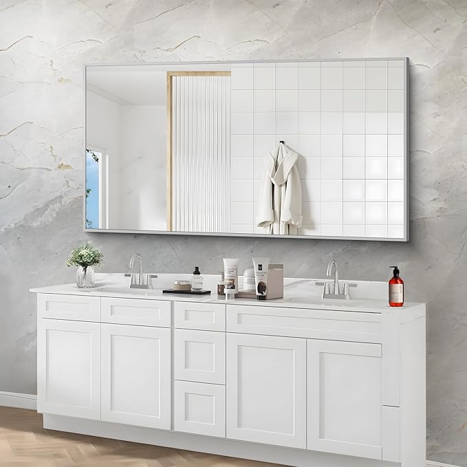 COFENY 30x55In Silver Bathroom Mirror for Wall, Brushed Nickel Rectangle Mirrors with Metal Frame, Bathroom Rectangular Mirror Modern Wall Mirror for Bedroom Living Room, Hangs Horizontal or Vertical