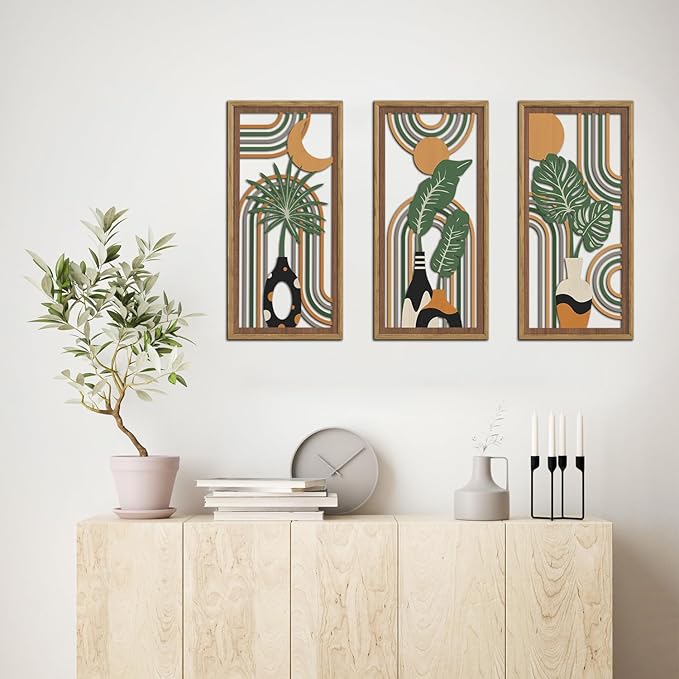 KAIRNE Boho Wooden Wall Art,Bohemian Wood Wall Decor Set of 3(16”X8”),Farmhouse Geometric Hanging Decor,Abstract Minimalist Sun Moon Artwork for Living Room Bedroom Nursery Office Decoration,Framed