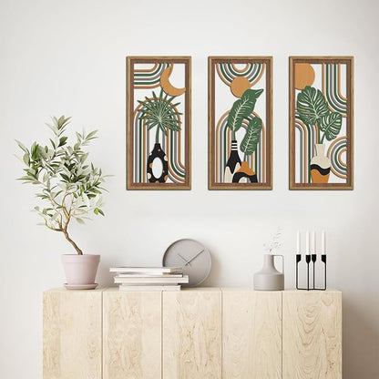 KAIRNE Boho Wooden Wall Art,Bohemian Wood Wall Decor Set of 3(16”X8”),Farmhouse Geometric Hanging Decor,Abstract Minimalist Sun Moon Artwork for Living Room Bedroom Nursery Office Decoration,Framed