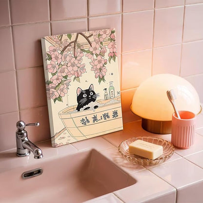Funny Japanese Bathroom Wall Art Set of 3, Whimsical Black Cat Bathroom Wall Decor Painting Cute Japan Animal on Toilet Reading Poster Canvas Prints 16x24 inch Framed